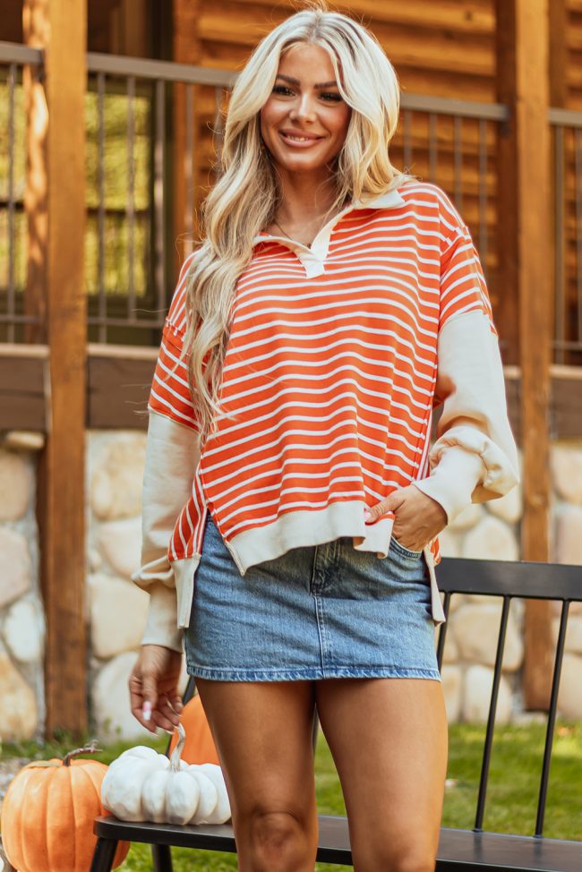 Women’s Orange Stripe Colorblock Collared Sweatshirt – Loose Fit - Image 4