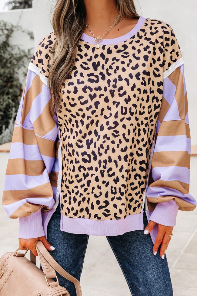 Purple Stripe Color Block Leopard Patchwork Sweatshirt with Slits - Image 5