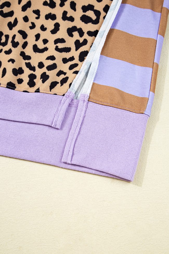 Purple Stripe Color Block Leopard Patchwork Sweatshirt with Slits - Image 8