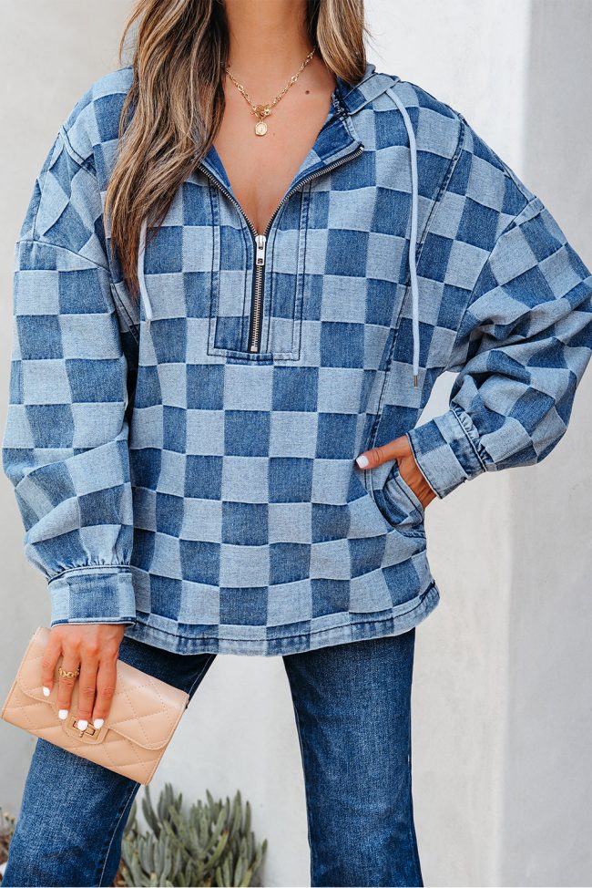 Sky Blue Checkerboard Zipped Neck Kangaroo Pocket Denim Hoodie - Image 5