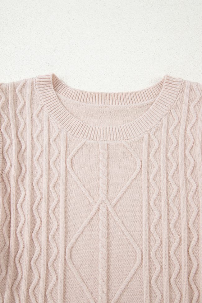 Parchment Cable Knit Ruffle Detail Contrast Floral Sleeve Patchwork Sweater - Image 6