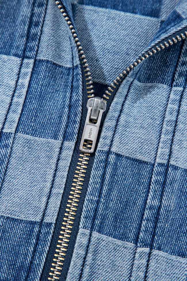 Sky Blue Checkerboard Zipped Neck Kangaroo Pocket Denim Hoodie - Image 10