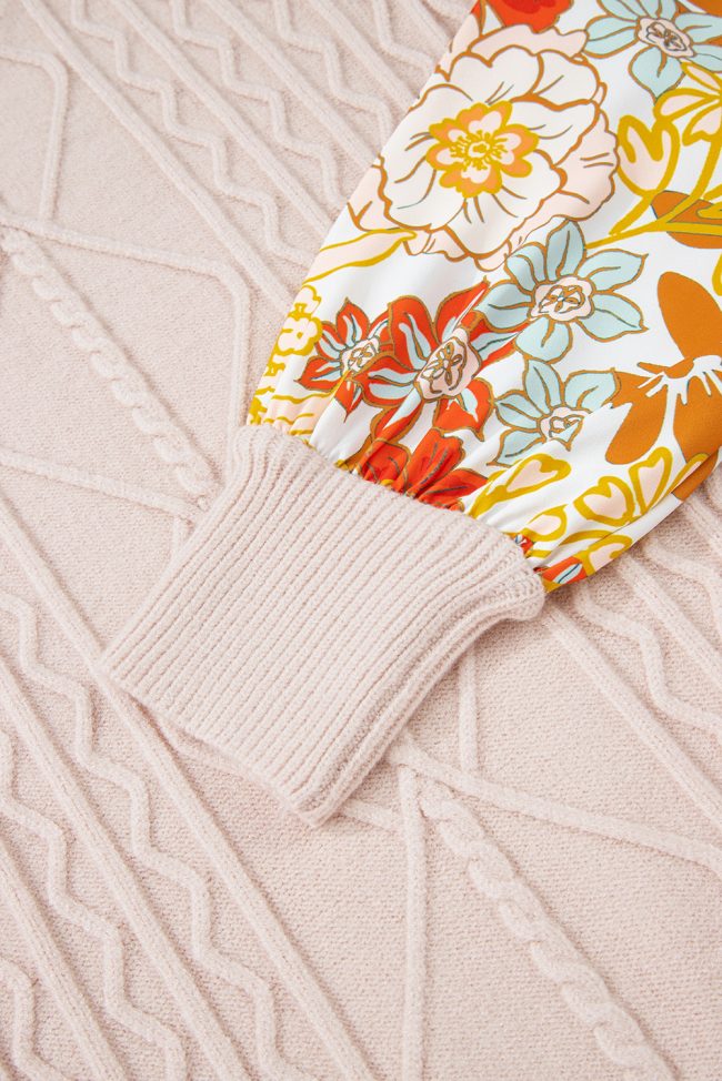 Parchment Cable Knit Ruffle Detail Contrast Floral Sleeve Patchwork Sweater - Image 9