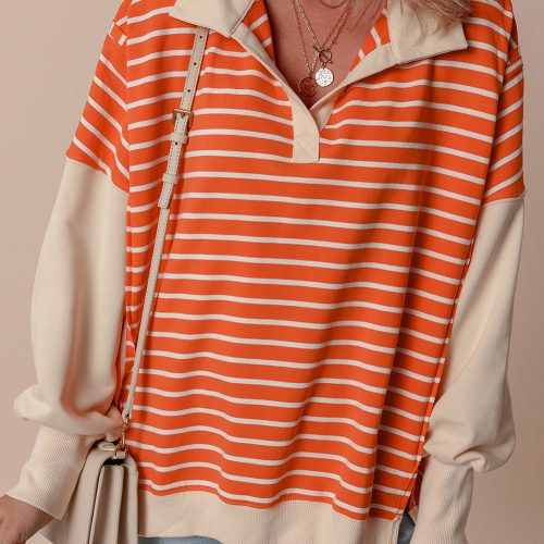 Women’s Orange Stripe Colorblock Collared Sweatshirt – Loose Fit