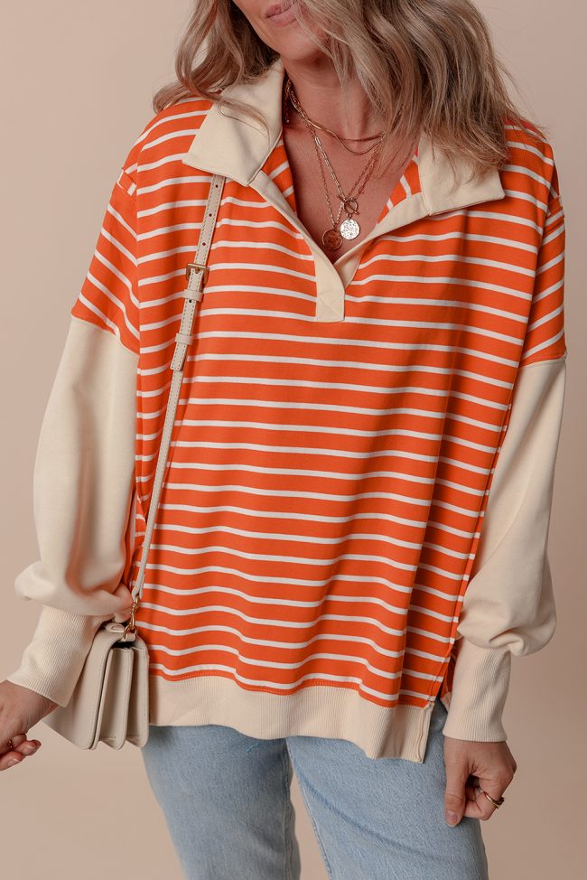 Women’s Orange Stripe Colorblock Collared Sweatshirt – Loose Fit