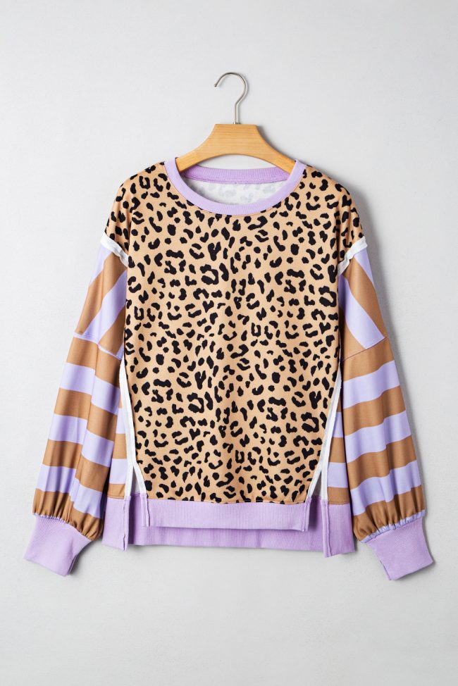 Purple Stripe Color Block Leopard Patchwork Sweatshirt with Slits - Image 7