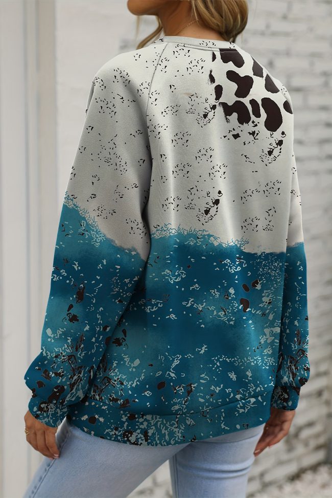 Blue Tie Dye Cow Color Block Pullover Sweatshirt - Image 2