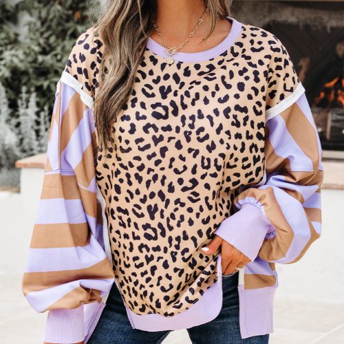 Purple Stripe Color Block Leopard Patchwork Sweatshirt with Slits