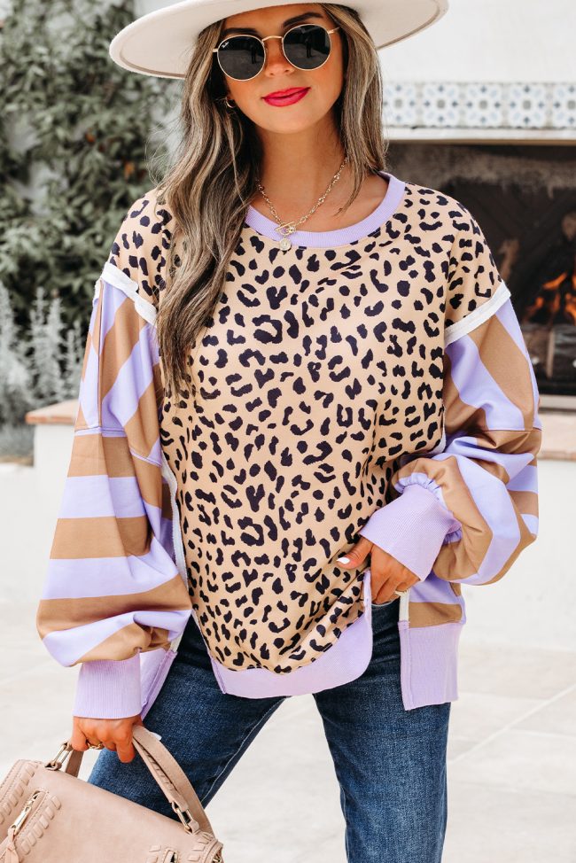 Purple Stripe Color Block Leopard Patchwork Sweatshirt with Slits