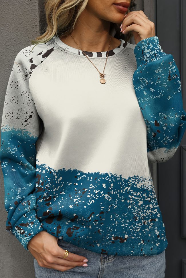 Blue Tie Dye Cow Color Block Pullover Sweatshirt - Image 4