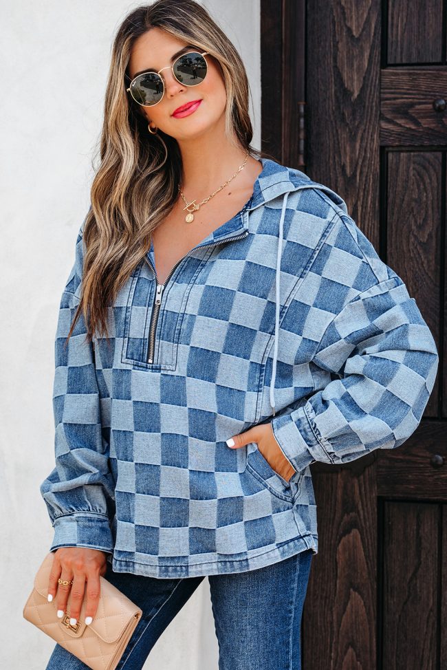Sky Blue Checkerboard Zipped Neck Kangaroo Pocket Denim Hoodie - Image 3