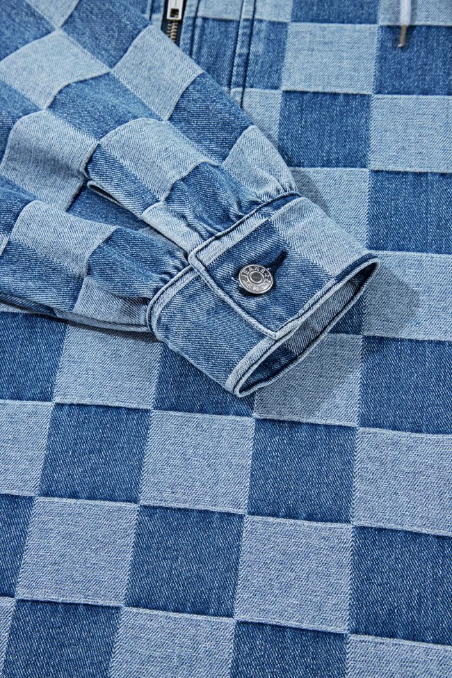 Sky Blue Checkerboard Zipped Neck Kangaroo Pocket Denim Hoodie - Image 8