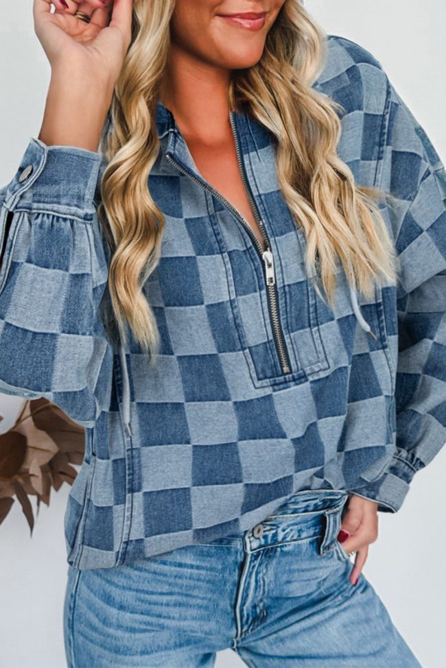 Sky Blue Checkerboard Zipped Neck Kangaroo Pocket Denim Hoodie - Image 6