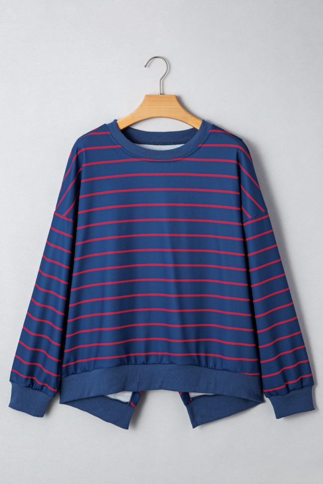Blue Stripe Stylish Overlap Detail Drop Shoulder Pullover Sweatshirt - Image 4