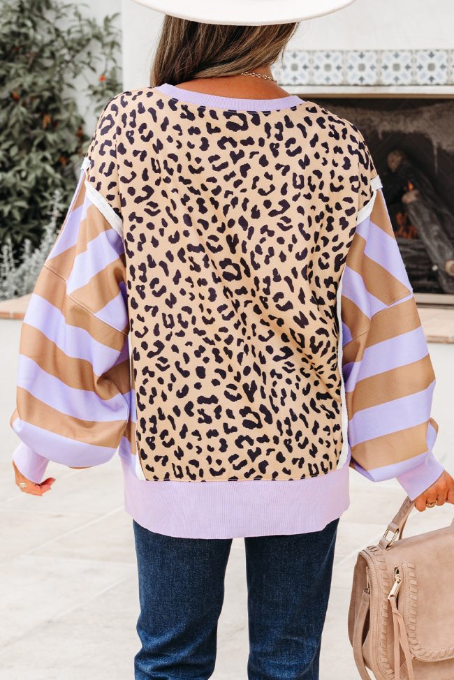 Purple Stripe Color Block Leopard Patchwork Sweatshirt with Slits - Image 2