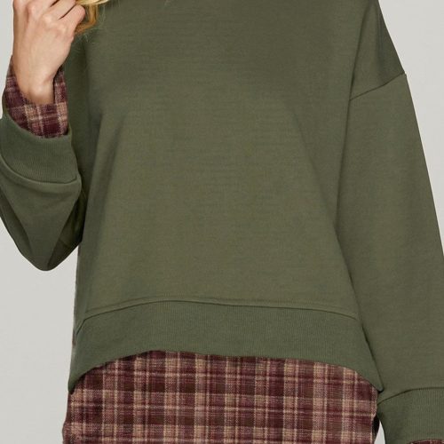 Moss Green Vintage Plaid Patchwork Drop Shoulder Sweatshirt