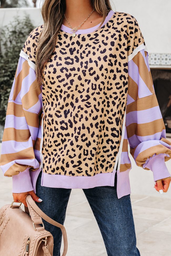Purple Stripe Color Block Leopard Patchwork Sweatshirt with Slits - Image 4