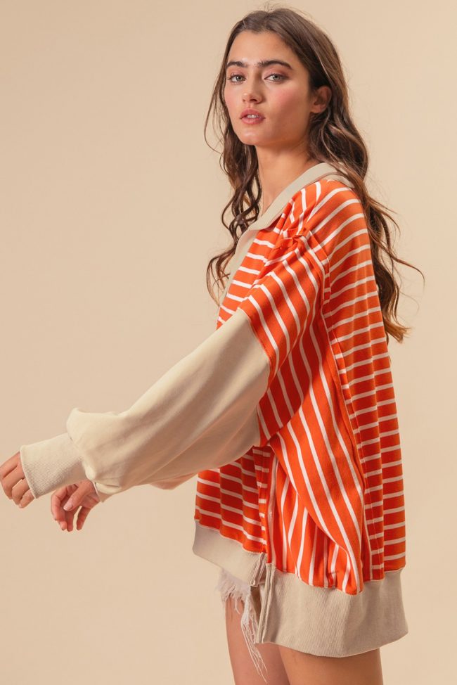 Women’s Orange Stripe Colorblock Collared Sweatshirt – Loose Fit - Image 5