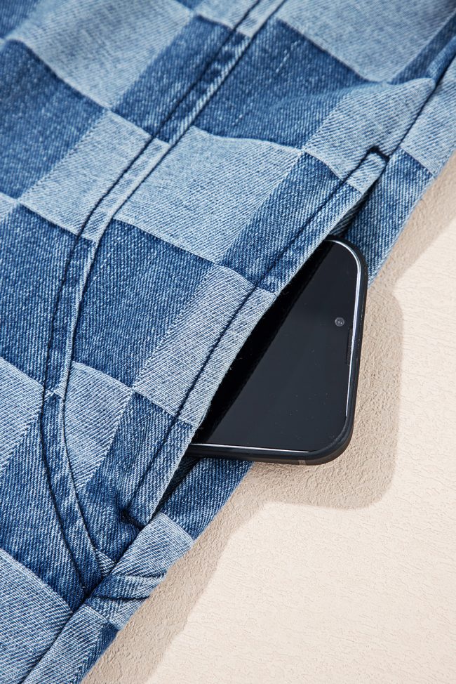 Sky Blue Checkerboard Zipped Neck Kangaroo Pocket Denim Hoodie - Image 9
