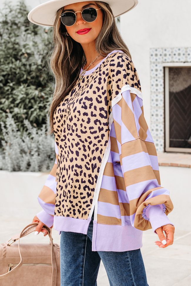 Purple Stripe Color Block Leopard Patchwork Sweatshirt with Slits - Image 3