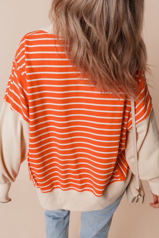 Women’s Orange Stripe Colorblock Collared Sweatshirt – Loose Fit - Image 2