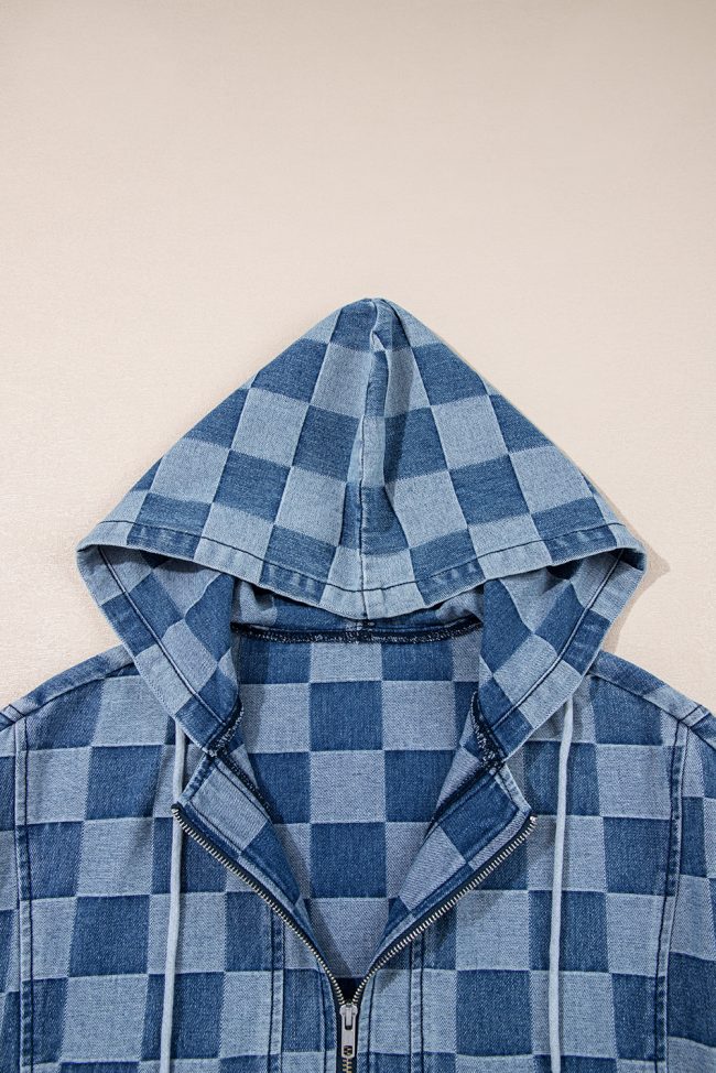 Sky Blue Checkerboard Zipped Neck Kangaroo Pocket Denim Hoodie - Image 7