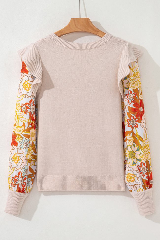 Parchment Cable Knit Ruffle Detail Contrast Floral Sleeve Patchwork Sweater - Image 5