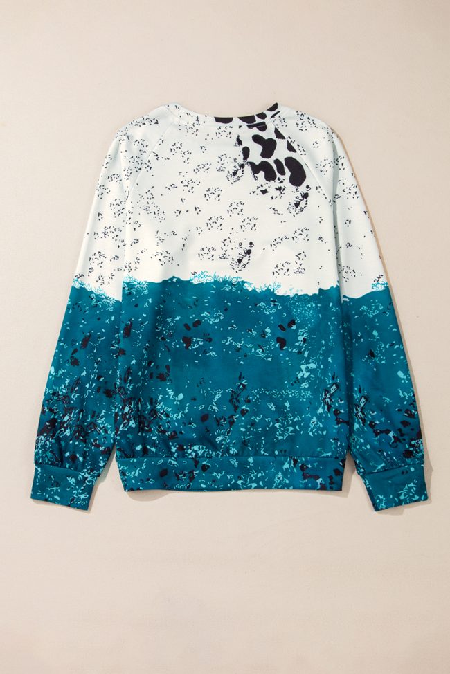 Blue Tie Dye Cow Color Block Pullover Sweatshirt - Image 7