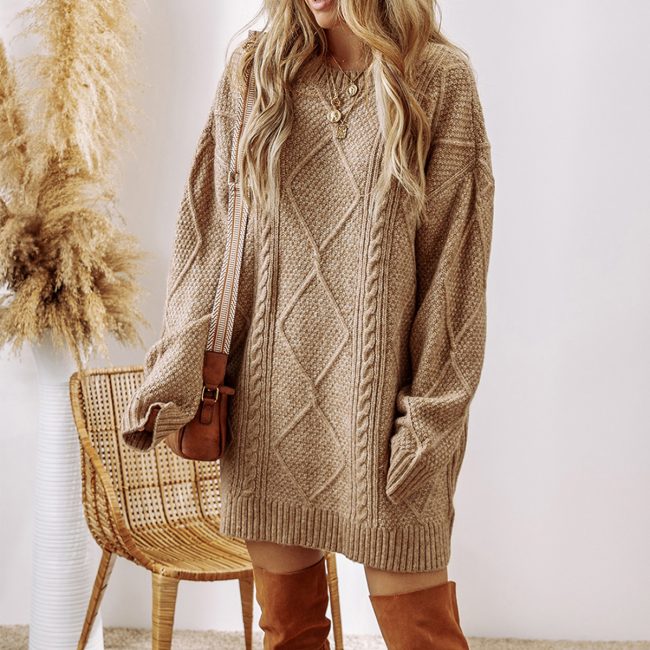 Parchment Cable Knit Drop Shoulder Loose Fit Sweater Dress - Image 5