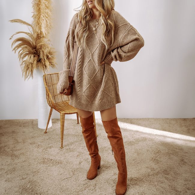 Parchment Cable Knit Drop Shoulder Loose Fit Sweater Dress - Image 6