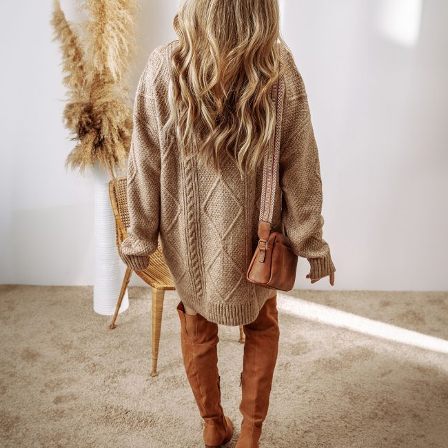 Parchment Cable Knit Drop Shoulder Loose Fit Sweater Dress - Image 7