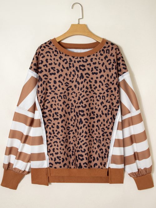 Khaki Leopard Striped Patchwork Plus Size Loose Sweatshirt