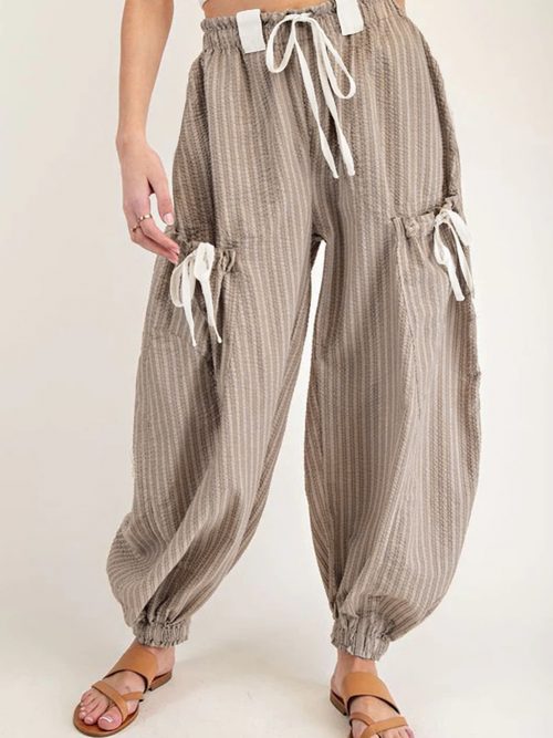Brown Stripe Drawstring Cargo Jogger Pants with Pockets