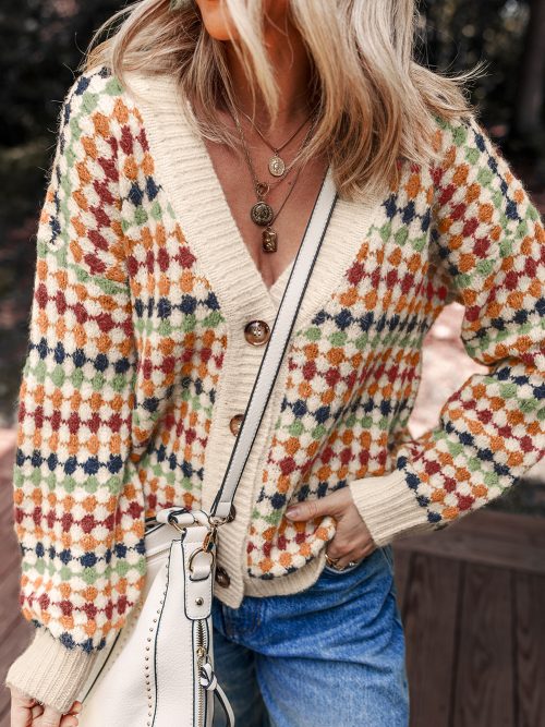 Multicolour Dotty Pattern Knit Button Front V Neck Sweater Cardigan