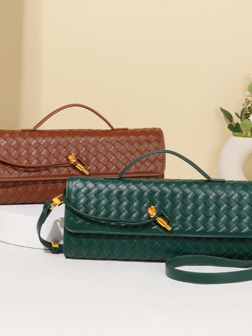 Woven Leather Clutch Purse Top Handle Flap Handbag