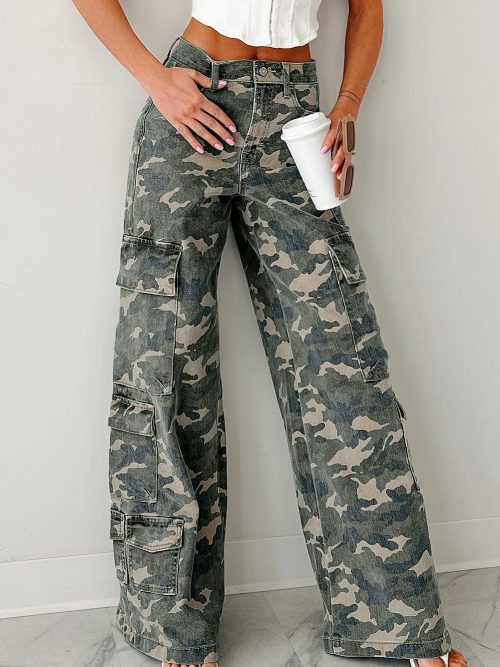 Green Camo Cargo Wide Leg Pants