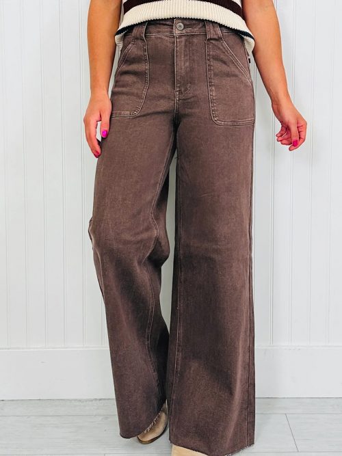 Dark Brown Retro Washed Patch Pocket Loose Jeans