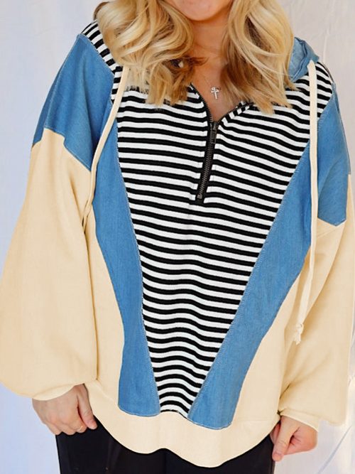 Black Stripe Denim Color Block Quarter Zip Baggy Drawstring Hoodie