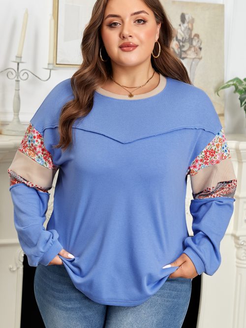 Blue Exposed Seam Floral Mixed Patchwork Relaxed Plus Size Sweatshirt