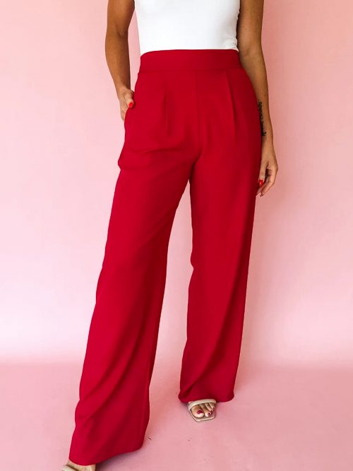 Fiery Red Pleated Detail Pull On High Elastic Waist Loose Straight Pants