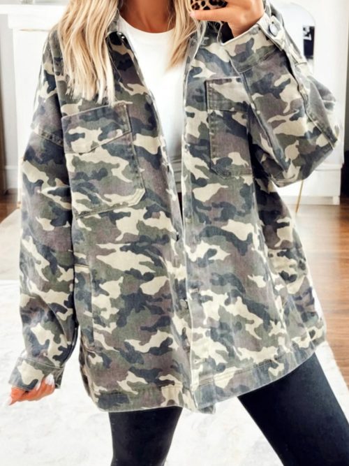 Green Camo Chest Pockets Loose Jean Jacket