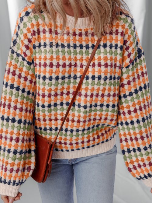 Multicolour Dotty Striped Pattern Knit Drop Shoulder Sweater