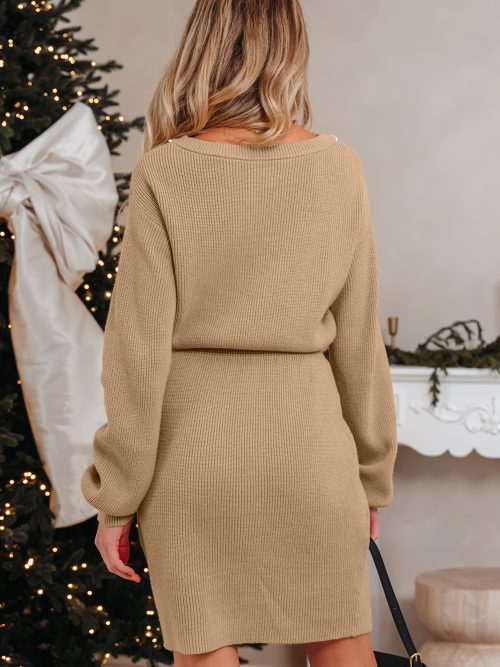 Smoke Gray Pearl Embellished Keyhole Ribbed Sweater Dress